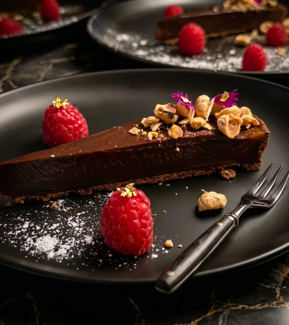 A dark chocolate ganache tart presented as an elegant dessert.