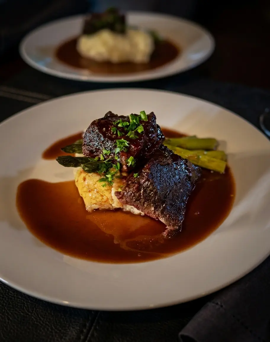 Red wine braised short rib served with potato puree.