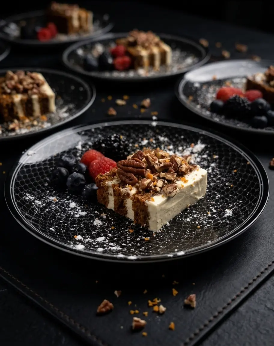 A toasted pecan and spiced carrot slice served as a dessert.