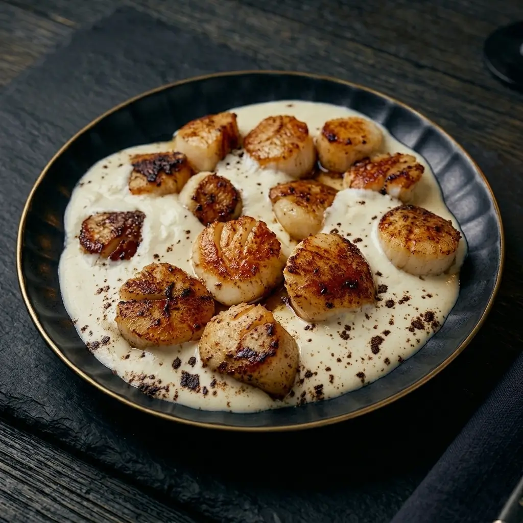Seared scallops served over a creamy potato and truffle sauce.