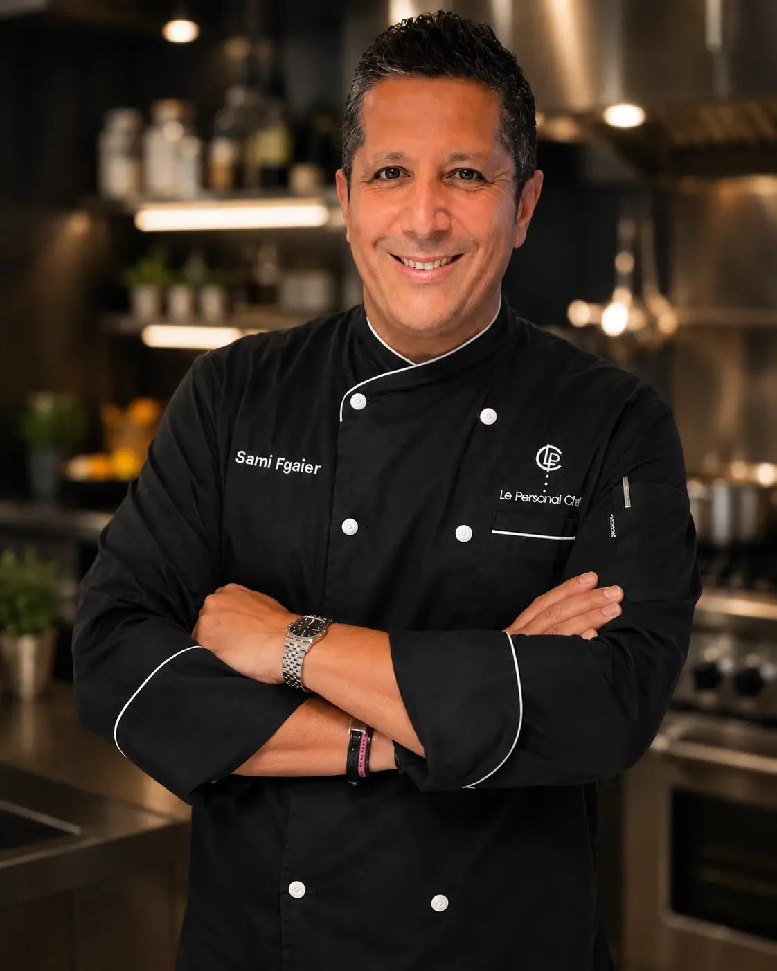 Chef Sami Fgaier standing in a professional kitchen.