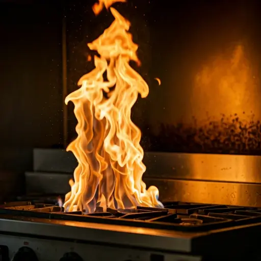 Flames rising from a professional kitchen burner.