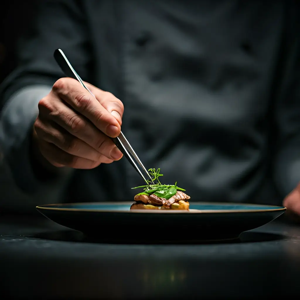 A chef placing herbs on a composed dish with tweezers.
