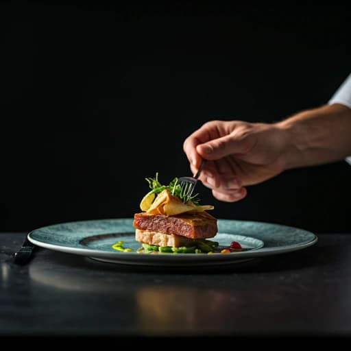 A hand finishing a plated dish with herbs.