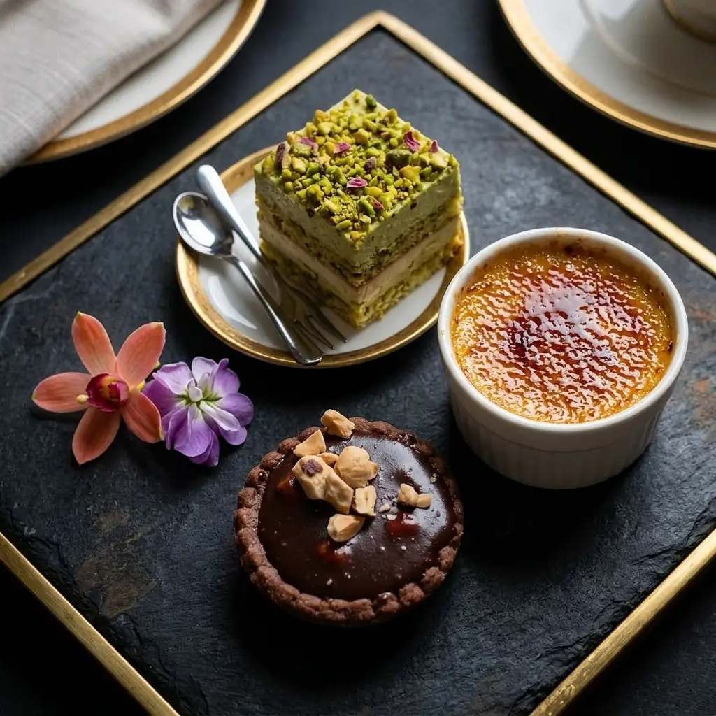 A refined dessert selection with pistachio cake, tart, and creme brulee.