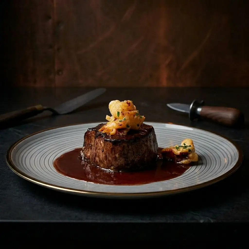 A seared steak plated with sauce and a delicate garnish.
