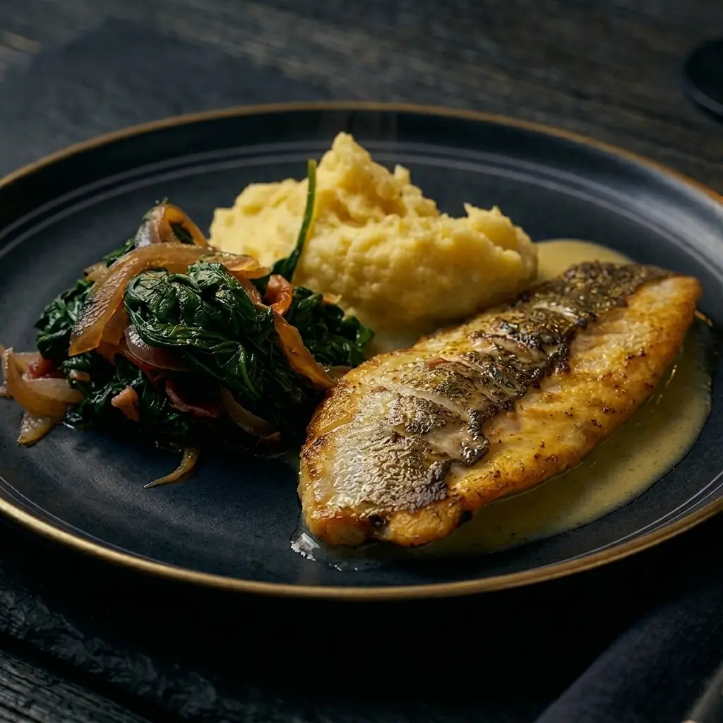 A seared fish fillet served with greens and mashed potatoes.